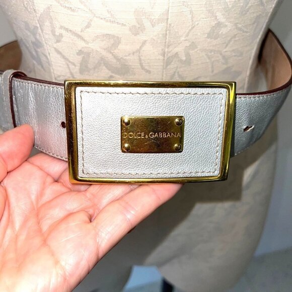Dolce & Gabbana Womens Leather Logo Plate Belt Size 32 Silver Gold Made In Italy